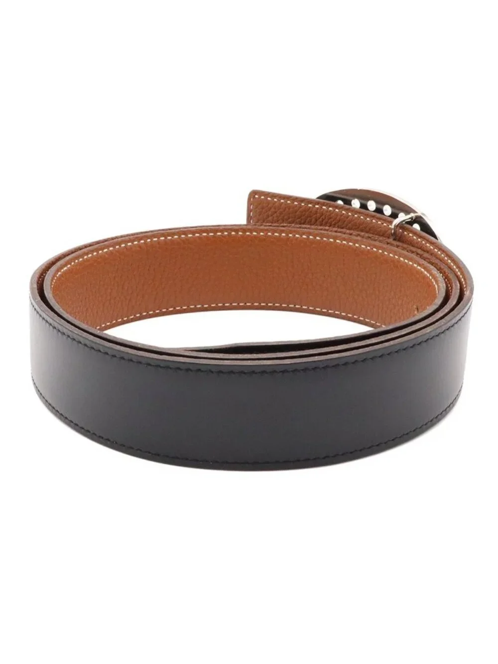 Hermes Evelyne Reversible Belt Logo Perforated Leather Black Silver 90
